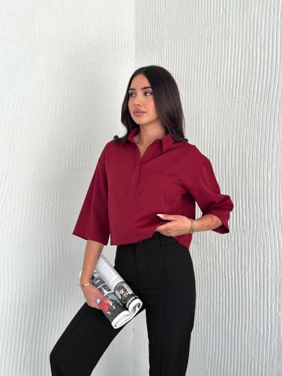 Crop Yakalı Gömlek Üç Çeyrek Sleeve Kol - Bordo resmi